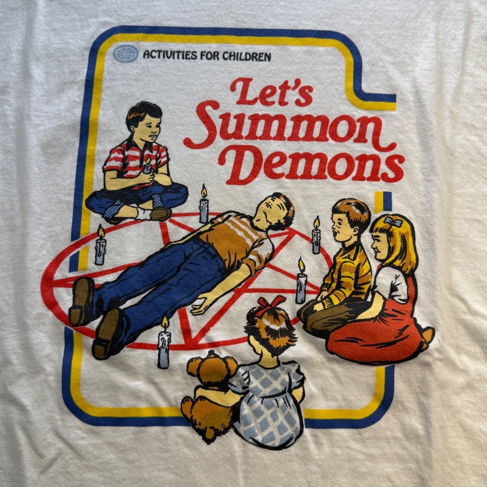 Steven Rhodes Lets Summon Demons Graphic T-Shirt White Mens XL Retro Humor Tee